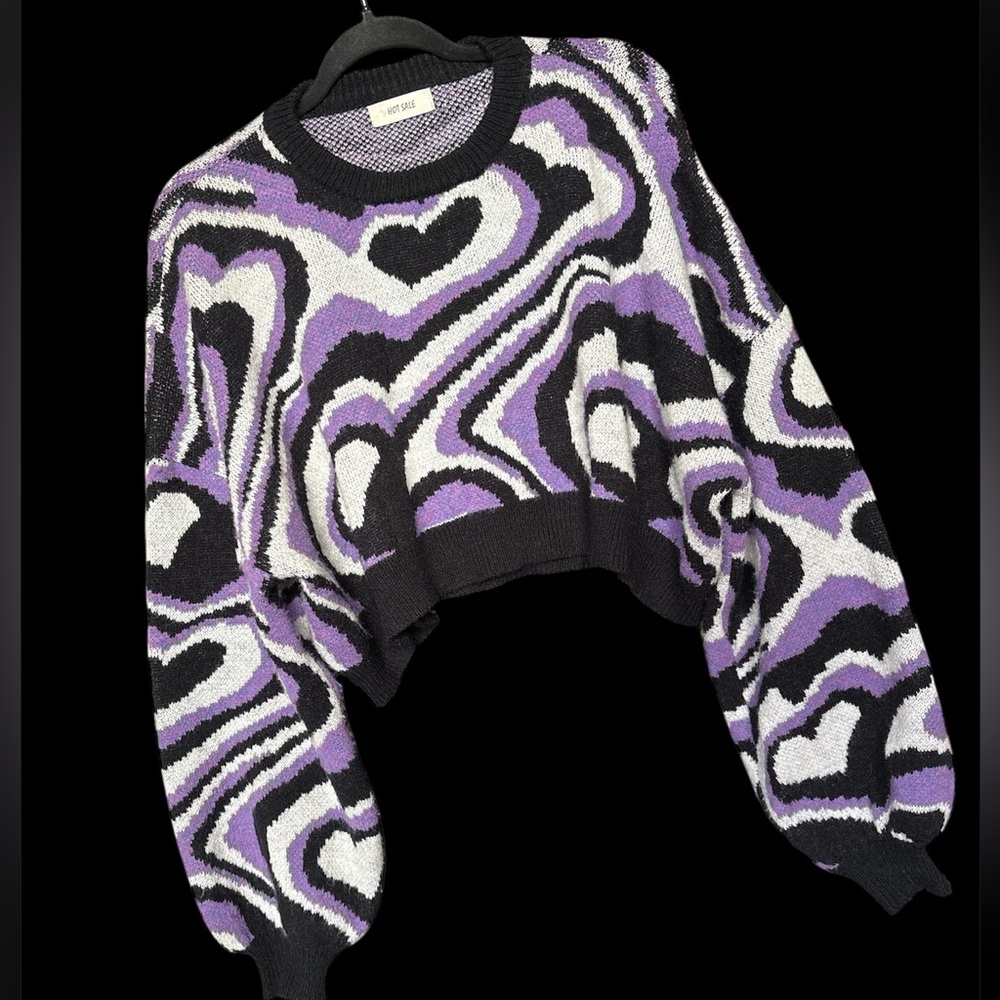 Hot Sale Women's crop top Sweater statement sleeves in Black Purple swirl Y2K OS